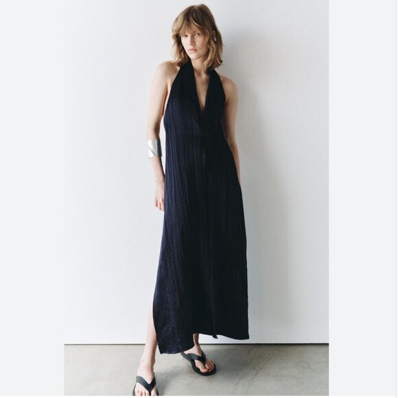 Zara ZW Collection Satin Halter Dress NWT Dark Navy Blogger Size Medium - Picture 5 of 16